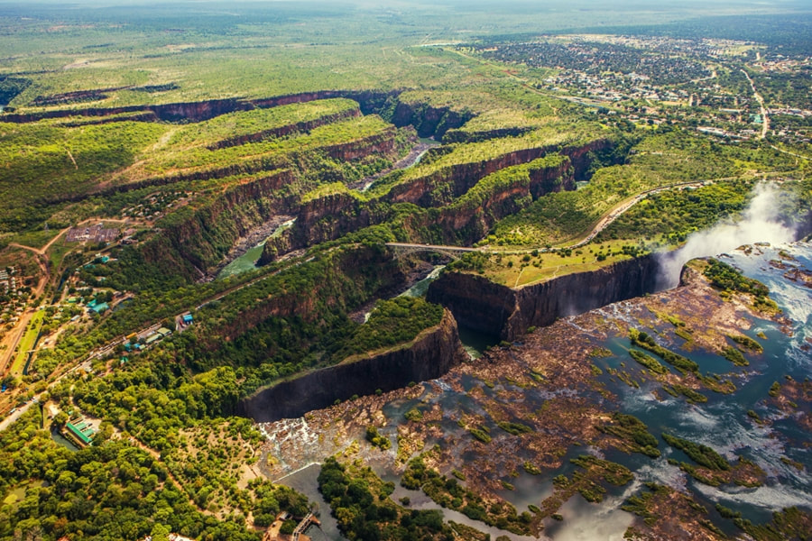 Aerial view looking down the gorges at The Victoria Falls